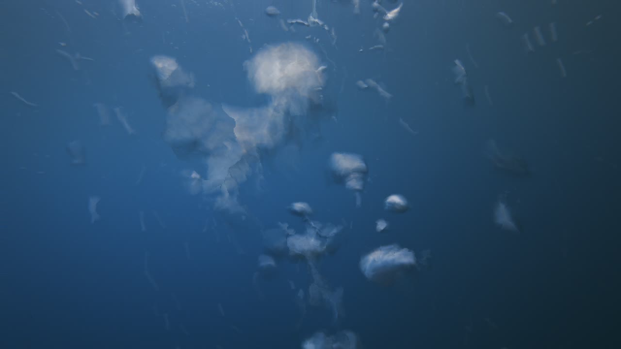 수중의 공기 거품이 바다의 은 파란 물에서 표면으로 올라갑니다.