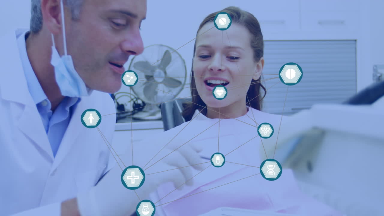 animación de la red de conexiones con iconos sobre el dentista con el paciente