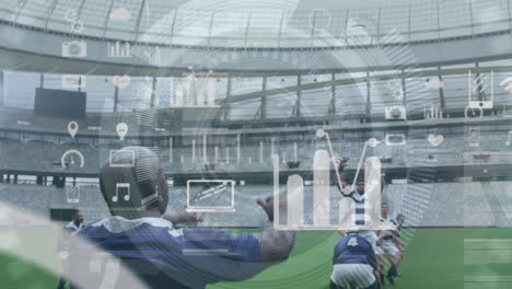 animation of social icons over two multi-ethnic rugby teams playing rugby