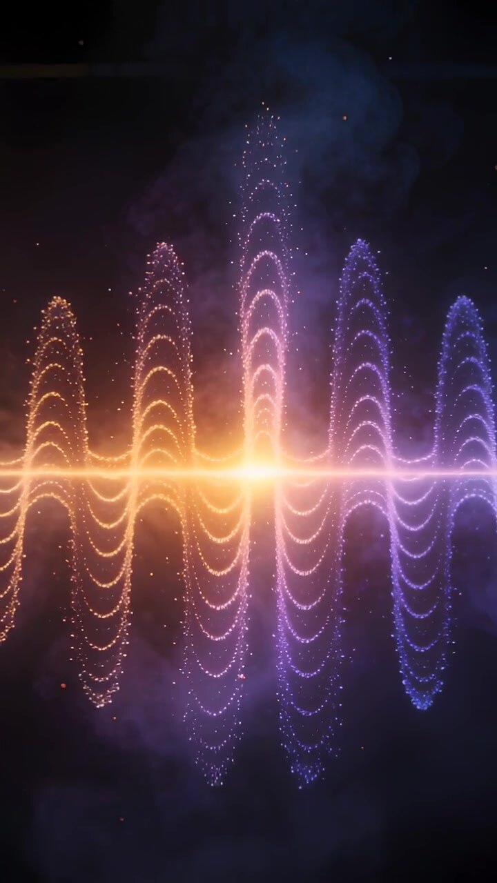 Vertical video: Pulsing center glow causing waveform growing, emitting dots in dark nebula