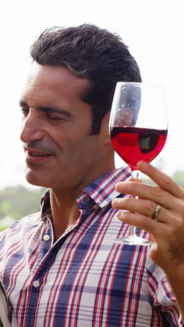 pareja sosteniendo un vaso de vino rojo en el campo
