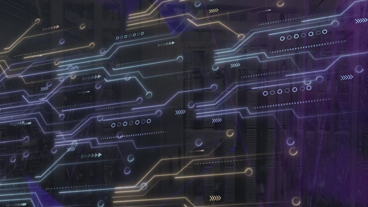 Animation of light trails over microprocessor connections and plexus networks against server room