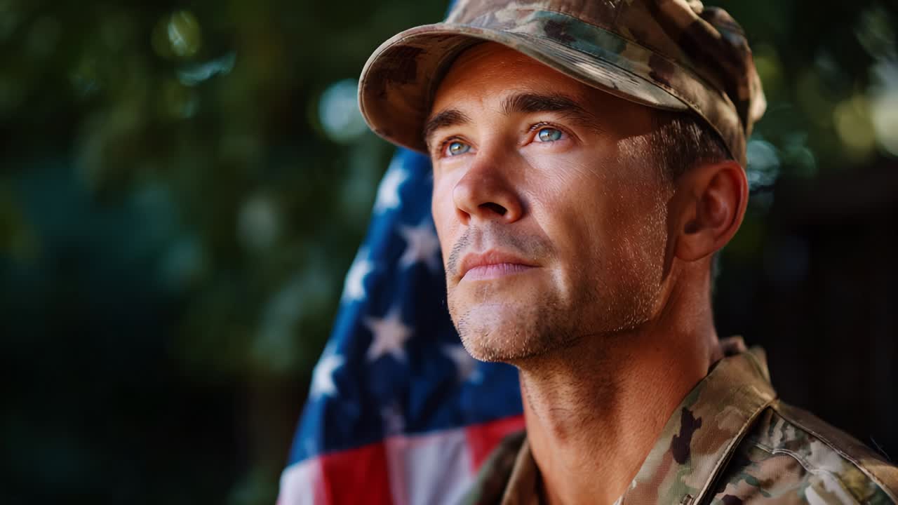 A Proud Soldier in Uniform Reflects on Duty and Honor Under the Warm Glow of Daylight with an American Flag as a Symbol of Freedom and Sacrifice, Capturing a Moment of Contemplation and Resilience