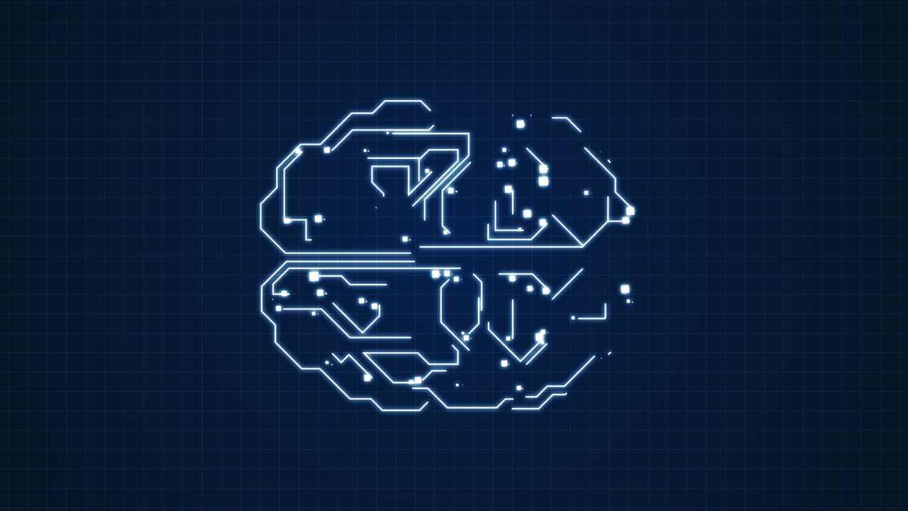 4k video donde la rotación circular forma poligonal del cerebro de una inteligencia artificial con líneas y puntos brillantes y sombra sobre el fondo azul oscuro.