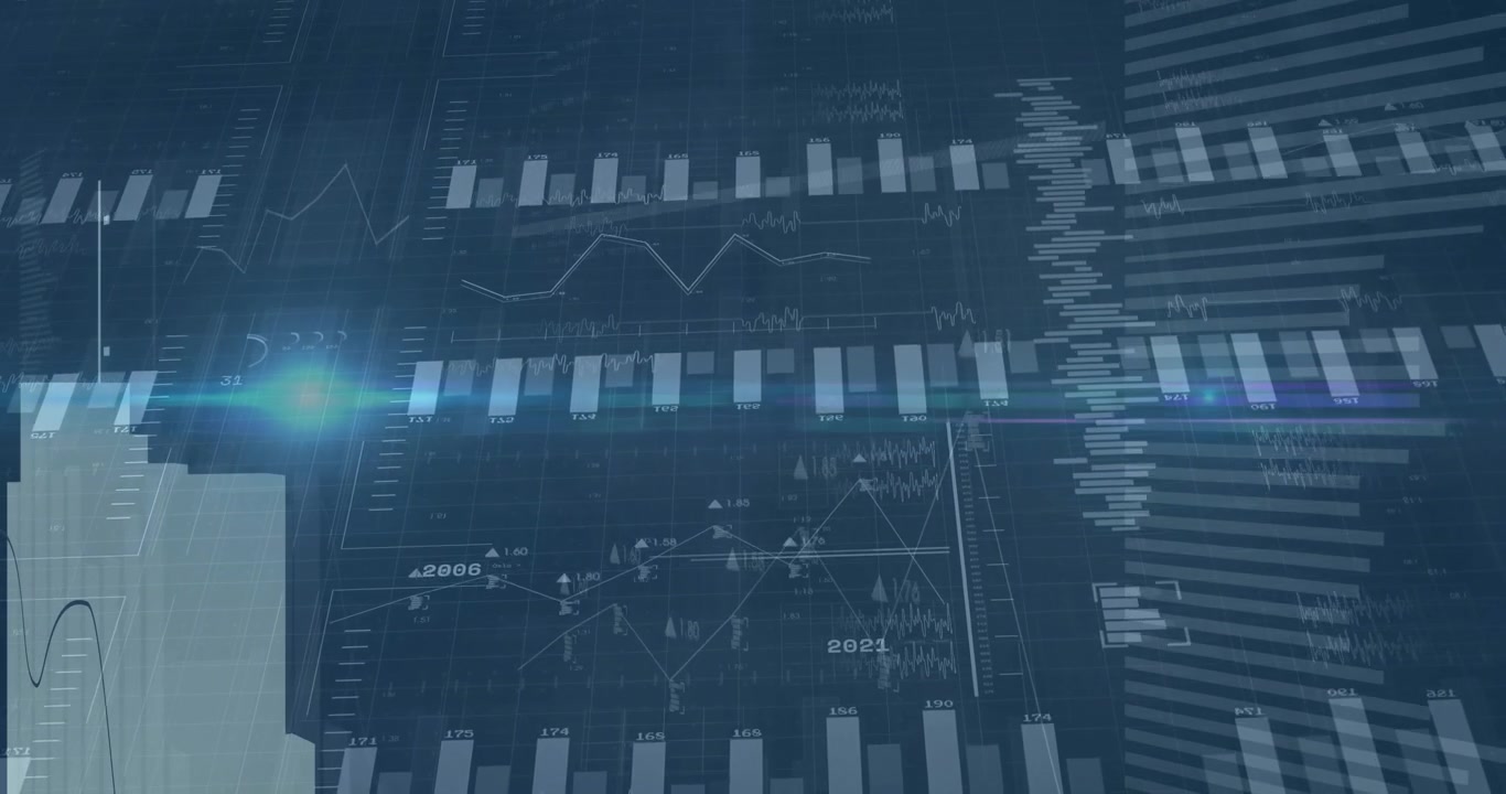 Diagram åpnes på et rutenett, stolper animeres, overlappende linjer tegnes og et lysglimt feier over for å visualisere data.