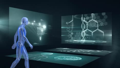 Side-view-of-3D-man-walking-with-scientist-screens-