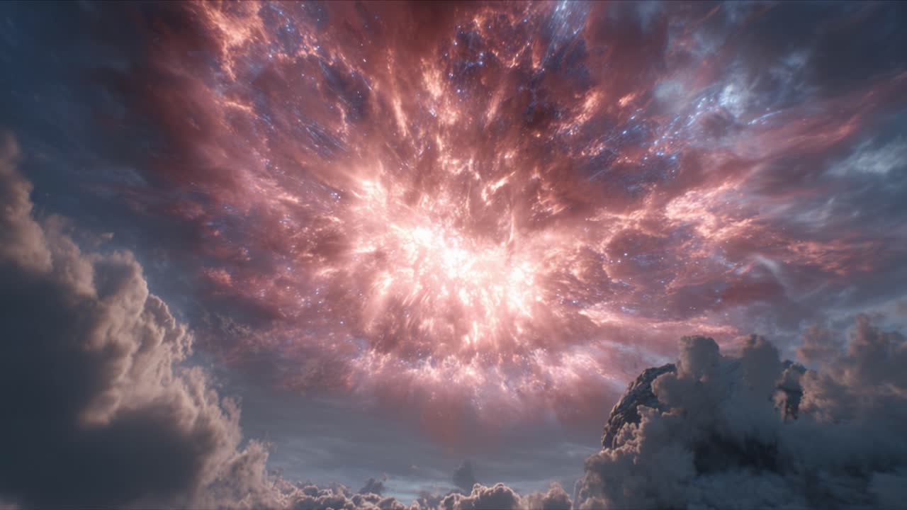 A Stunning Celestial Phenomenon: Vibrant Luminescence Emanating from the Sky Displays a Rich Tapestry of Colors Amidst Dramatic Clouds Above a Scenic Landscape