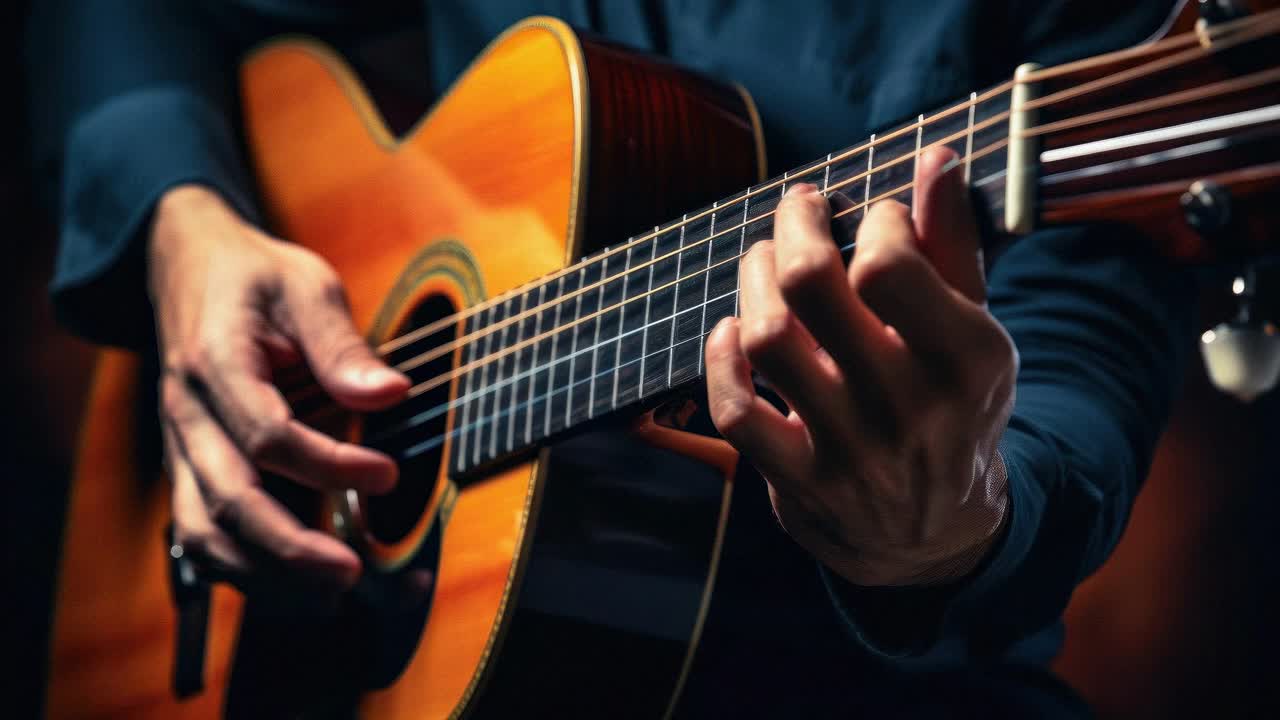 Close-up video angle of hands playing an acoustic guitar, capturing the rich wood texture