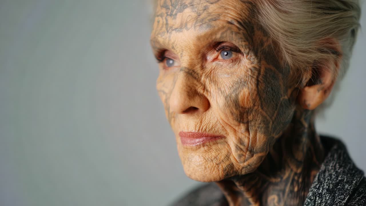 Ritratto intimo di un'anziana signora con intricati tatuaggi sul viso, che cattura la profondità delle esperienze di vita e l'espressione personale attraverso il tempo e l'arte