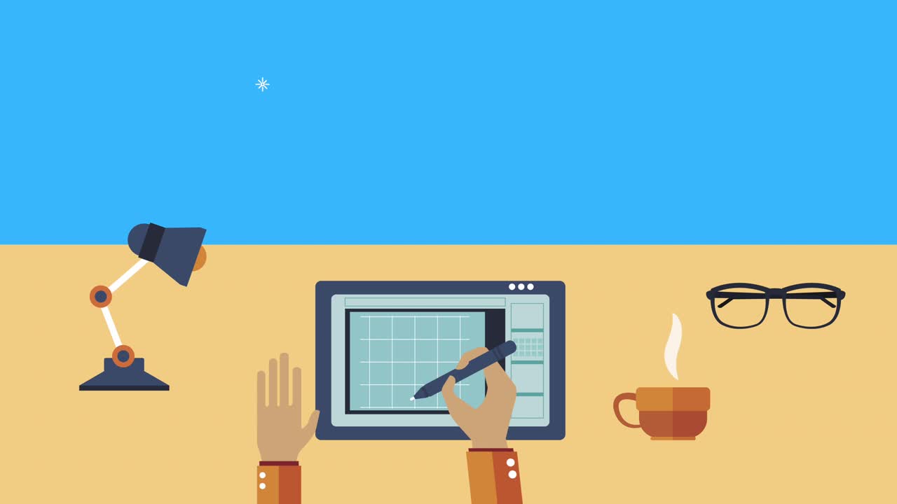 태블릿에서 작업하는 디자이너와 함께 창의적 인 프로세스 애니메이션