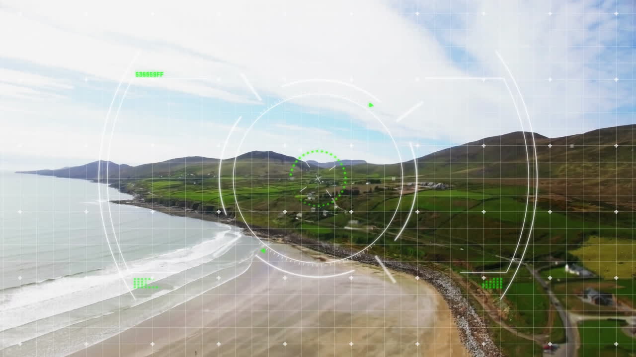 Animation overlay on coastal landscape with digital targeting in aerial view