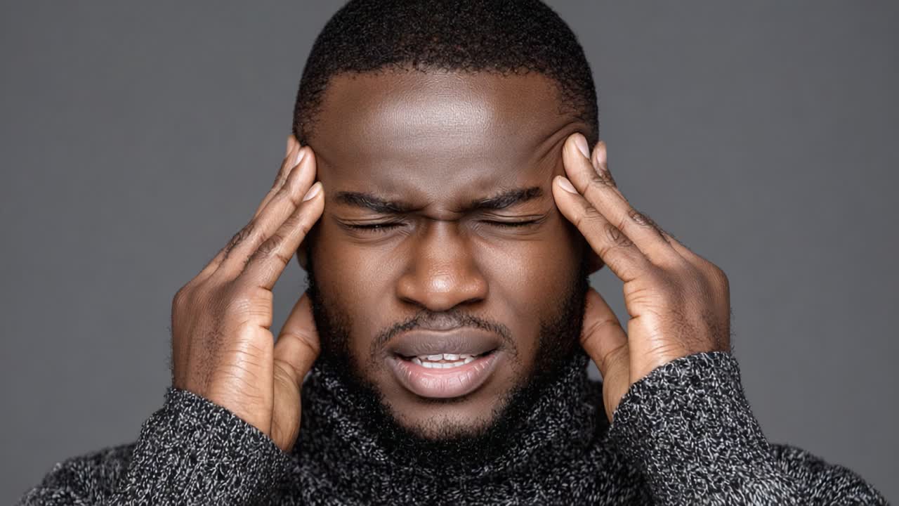 Struggling with Discomfort: A Series of Expressions Captures the Intensity of a Headache and Emotional Strain in a Close-Up Portrait