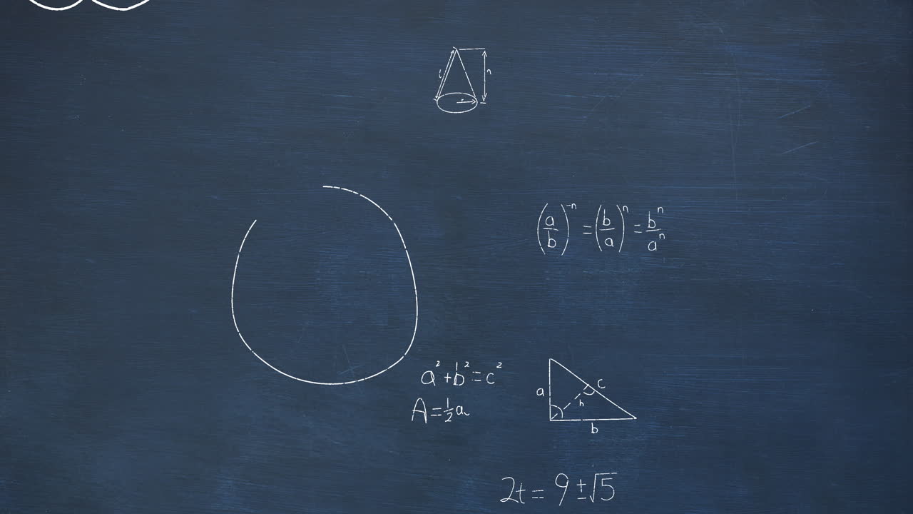 파란색 칠판 배경에 떠다니는 수학 방정식과 공식의 애니메이션