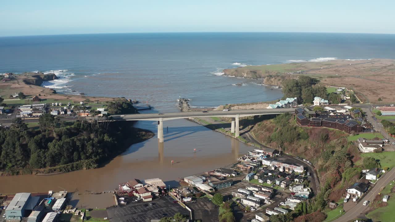 High panning aerial shot of Noyo Harbor in Fort Bragg, California. 4K