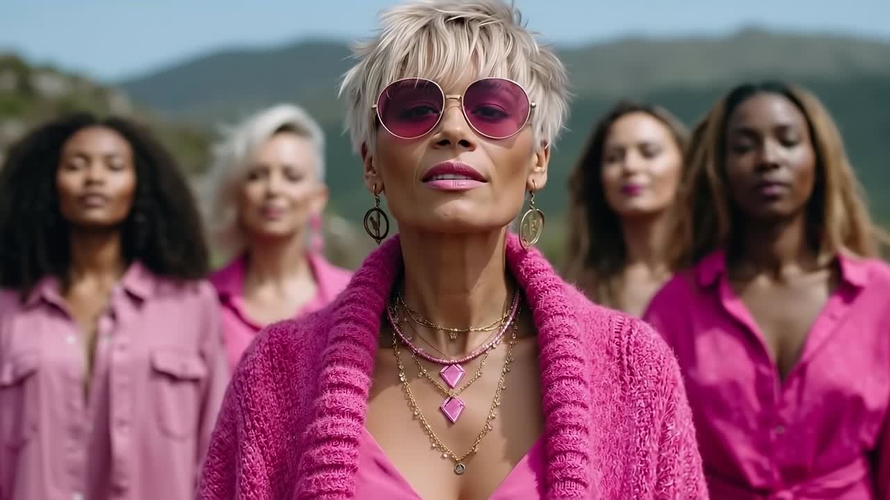 A group of women in pink outfits and sunglasses standing in a line