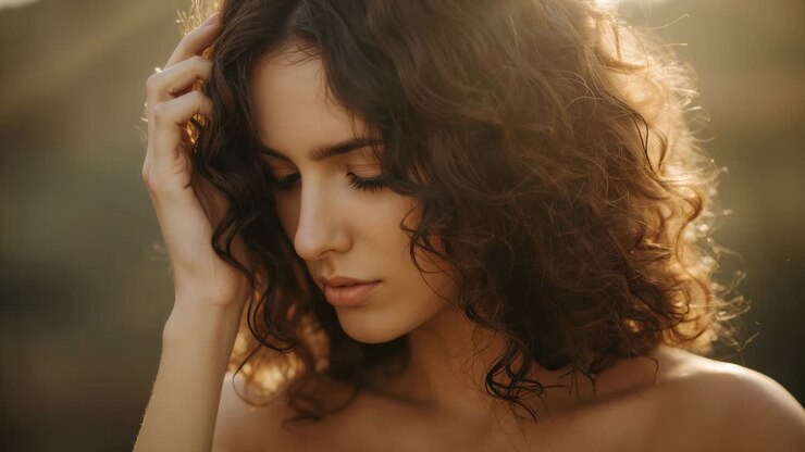 Sole alle spalle che crea un bagliore da golden hour, donna che alza il mento, tocca un ricciolo, in posa senza spalline con anello