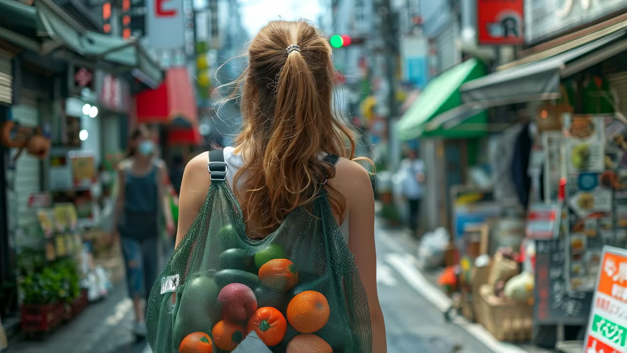 Strolling a lively fruit market. A woman carries a bag filled with fresh fruits while exploring a busy street market on a sunny day in a city