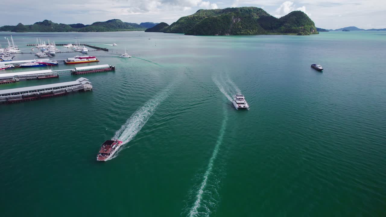 Aerial view of a marina with boats and islands