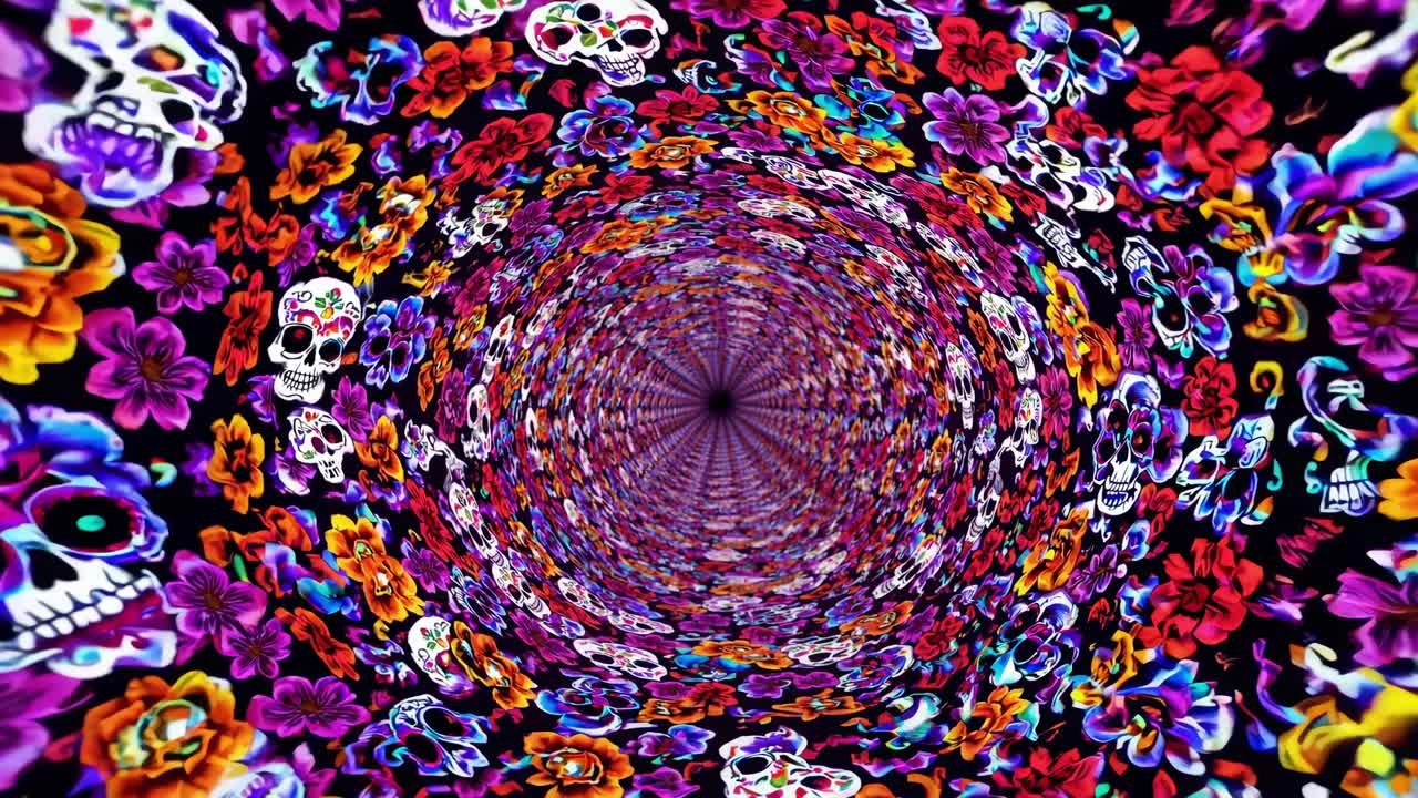 Motivo floreale e a teschi vivace a spirale in un tunnel ipnotico, che mostra un flusso dinamico di colori e design intricati in una sequenza di movimento continuo