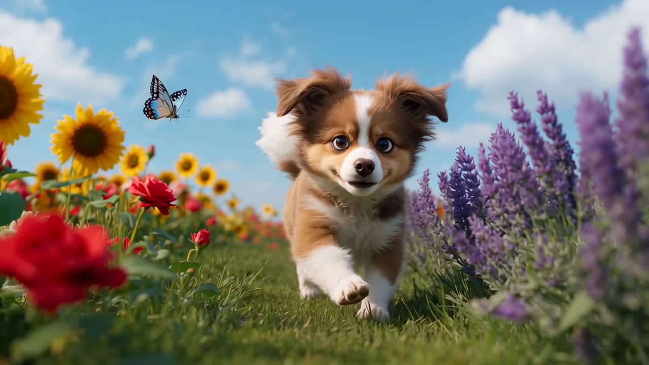 Un papillon apparaît, ce qui pousse un chiot marron et blanc à le poursuivre le long d’un chemin herbeux dans une prairie fleurie