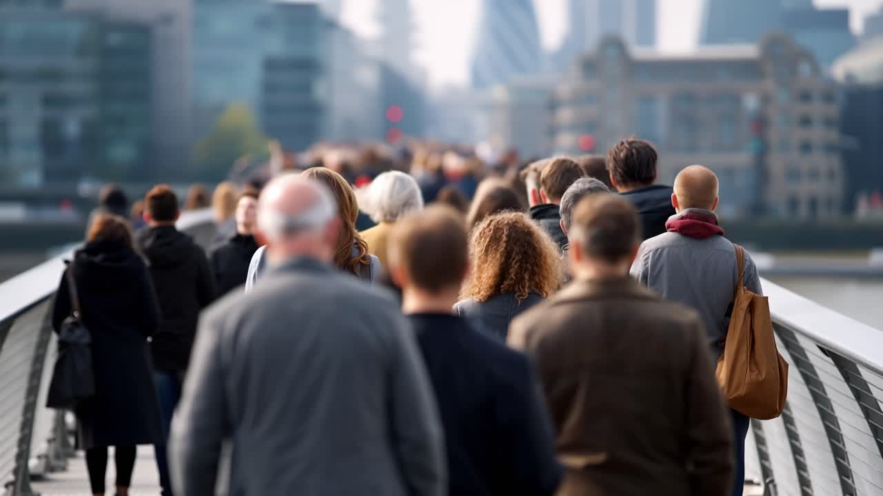 Crowded bridge with people walking forward. Focus shifts to mid-ground crowd movement. Urban backdrop suggests daily commutes or transit. Neutral expressions imply routine, not emotion