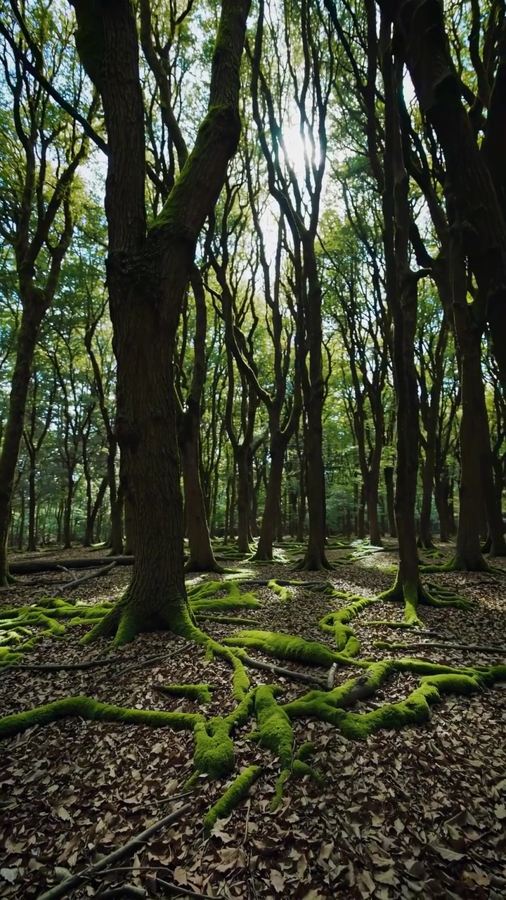 Luce solare che filtra attraverso antichi alberi muschiosi della foresta