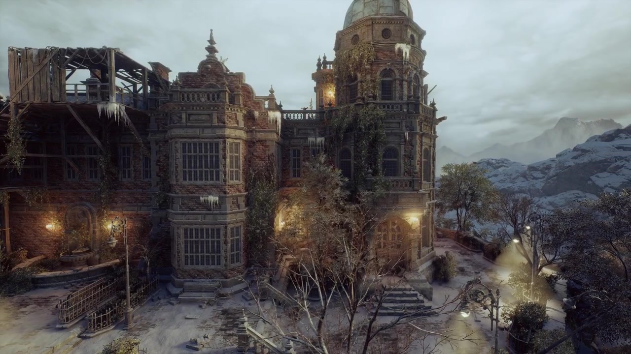 Ancient victorian house surrounded by mossy stone and twilight haze
