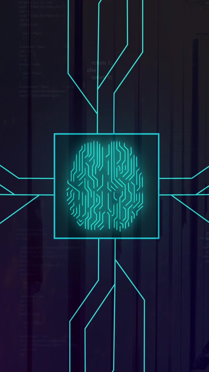 Animation of neon network of connections with digital brain over server room