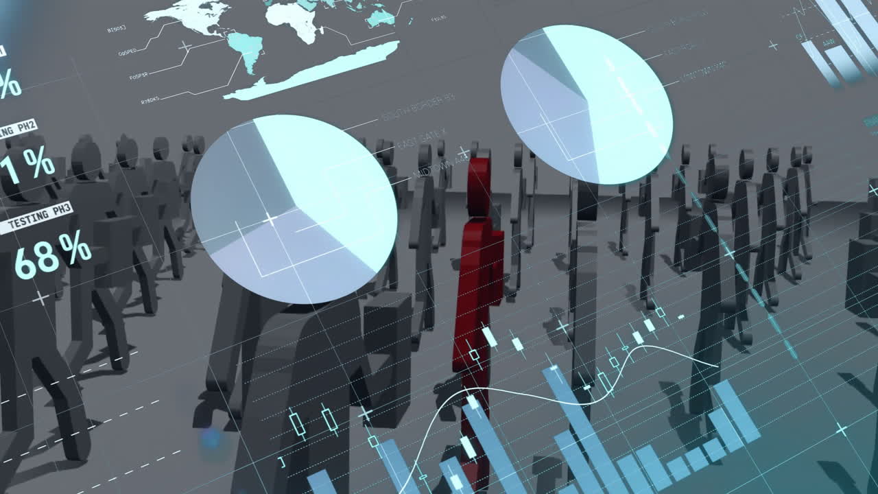 бизнес-аналитика анимация над силуэтами людей с диаграммами и графиками