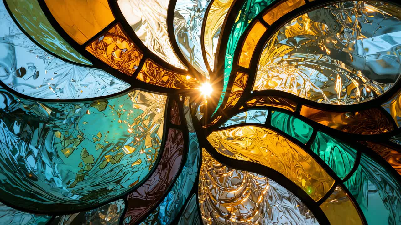 Sunbeam piercing stained glass spiral, camera rotating under skylight revealing textures and hues