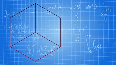Digital-animation-of-mathematical-equations-moving-over-grid-lines-against-cubical-shape-on-blue-bac