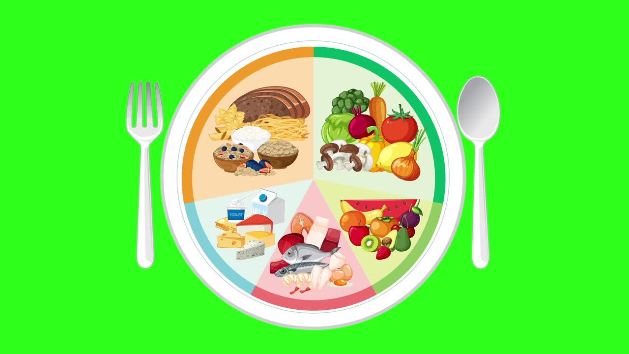 Colorful animation fills plate sections with food groups, utensils appear, bright green background, flat style