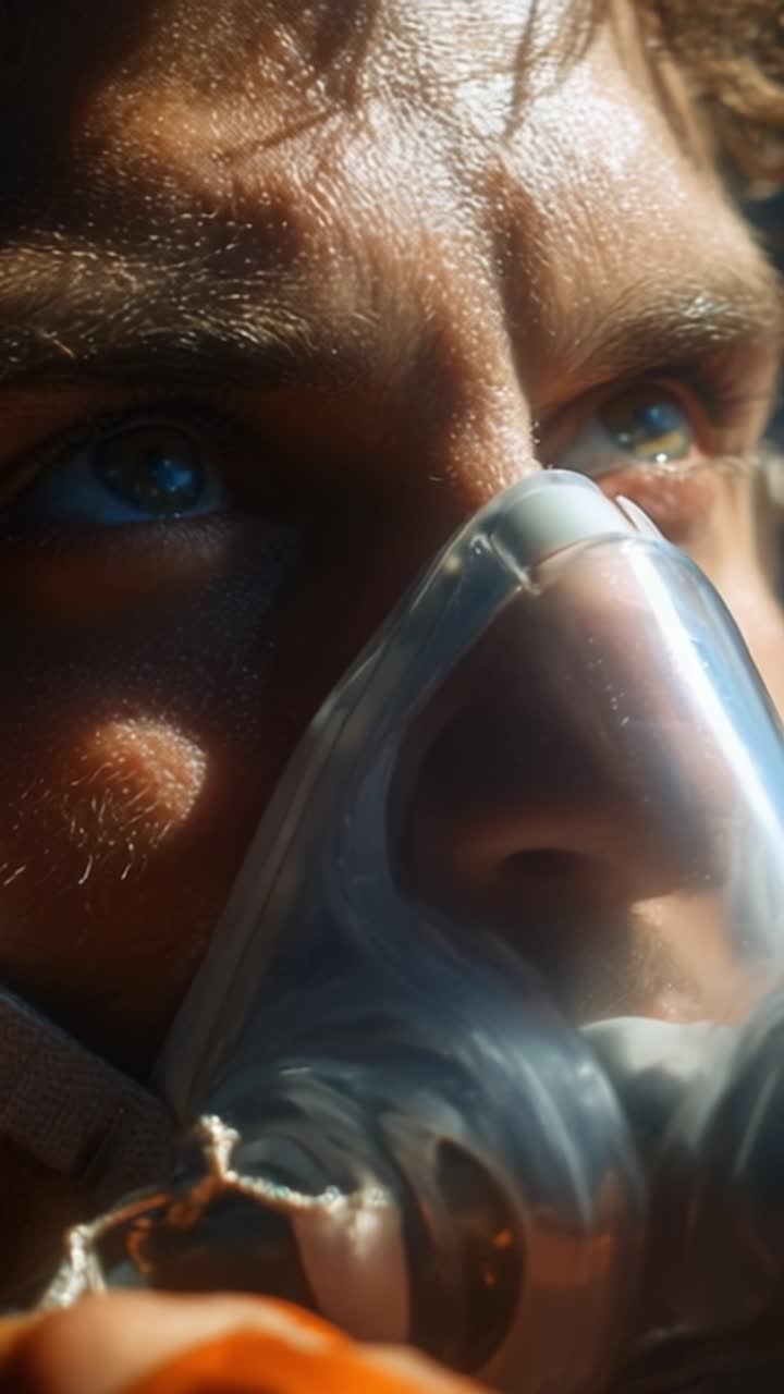 Primo piano di una persona che indossa una maschera protettiva, che enfatizza l'intensità del suo sguardo e i dettagli intricati della sua espressione sotto una luce drammatica