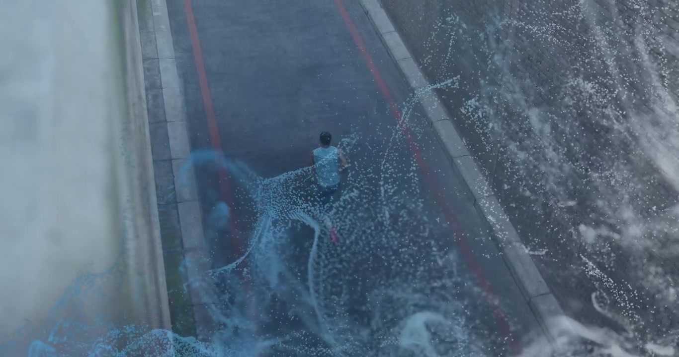 Jogging woman in blue top, shorts moving down lane as particles revealing path, trailing cloud
