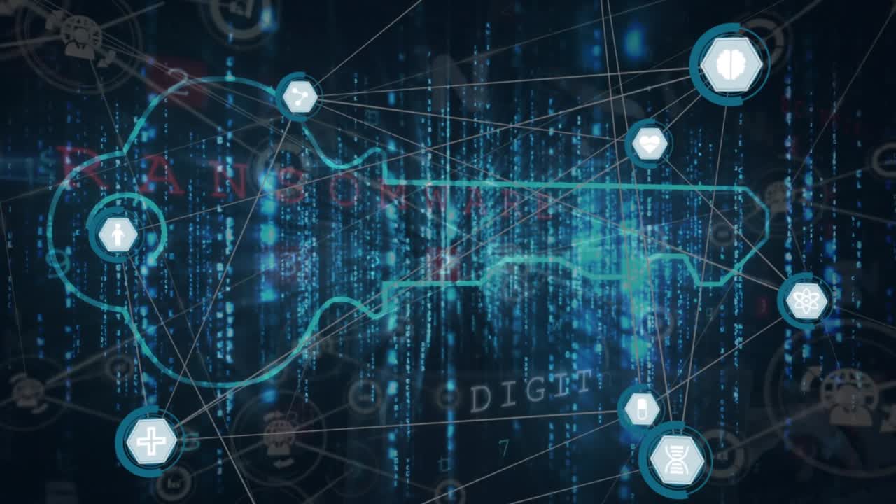 Animation of network of connections with light trails and data processing on black background