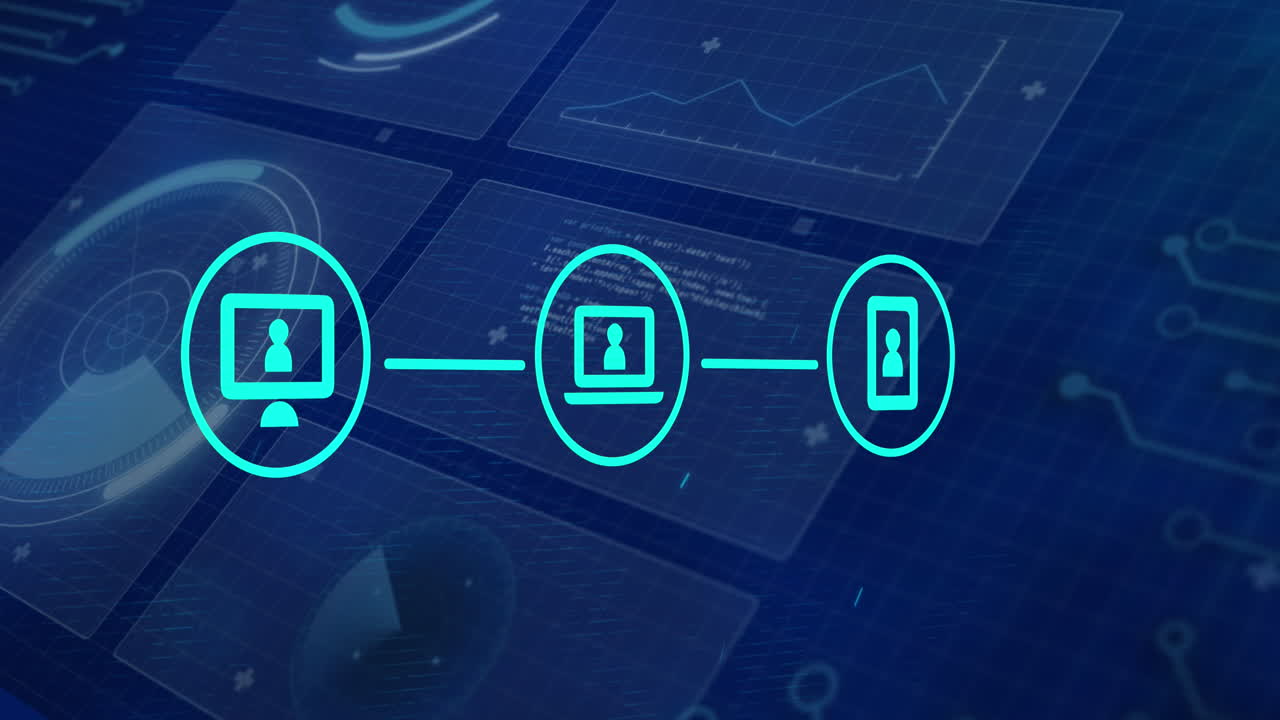 Animation of media icons over data processing on blue background