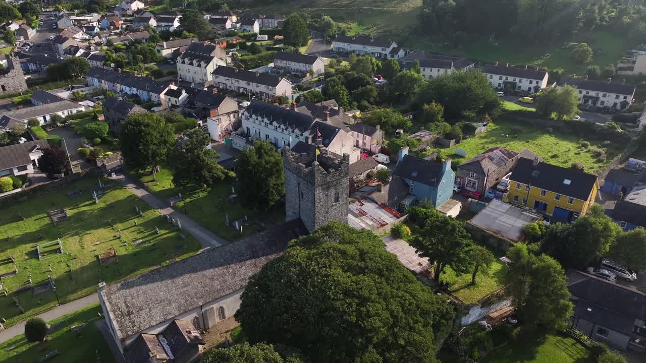 Beautiful aerial reveal from Heritage Centre tower in Carlingford town, Ireland