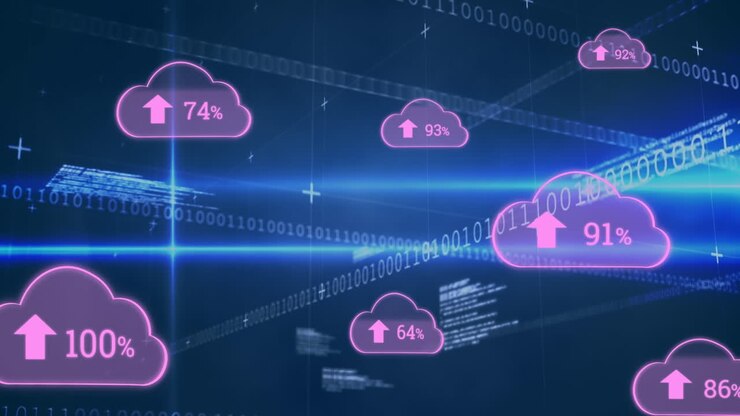 Animation af skyikoner og databehandling over mørk baggrund.