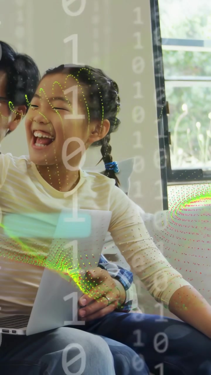Vertical video: Girl laughing, reaching, phone sparking binary overlay over faces, paper for tech