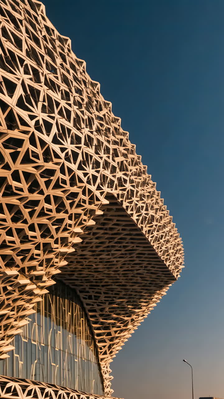 Modern building with intricate geometric facade against a blue sky