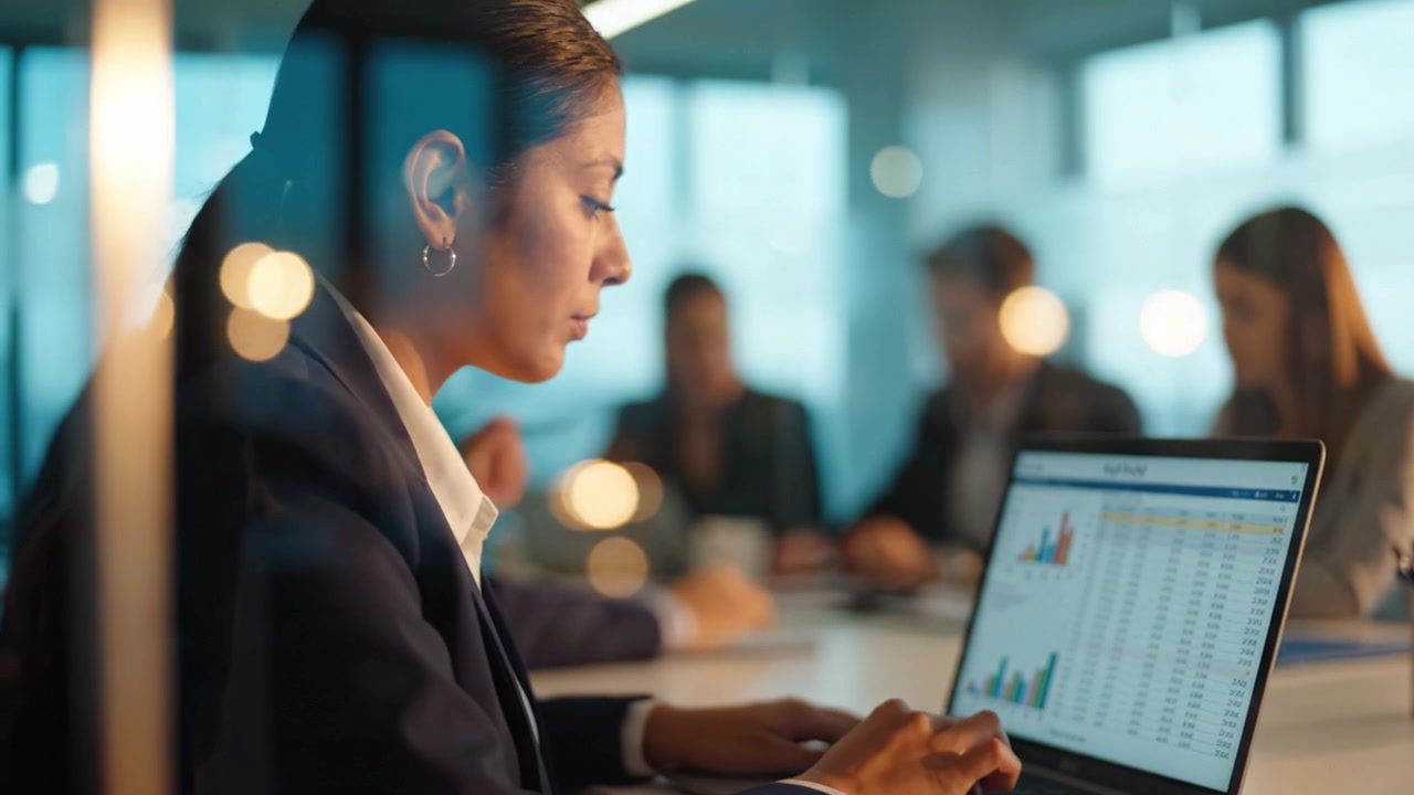 Focused Business Professional Analyzing Data on Laptop During Modern Office Meeting with Colleagues in the Background, Highlighting Productivity and Teamwork.