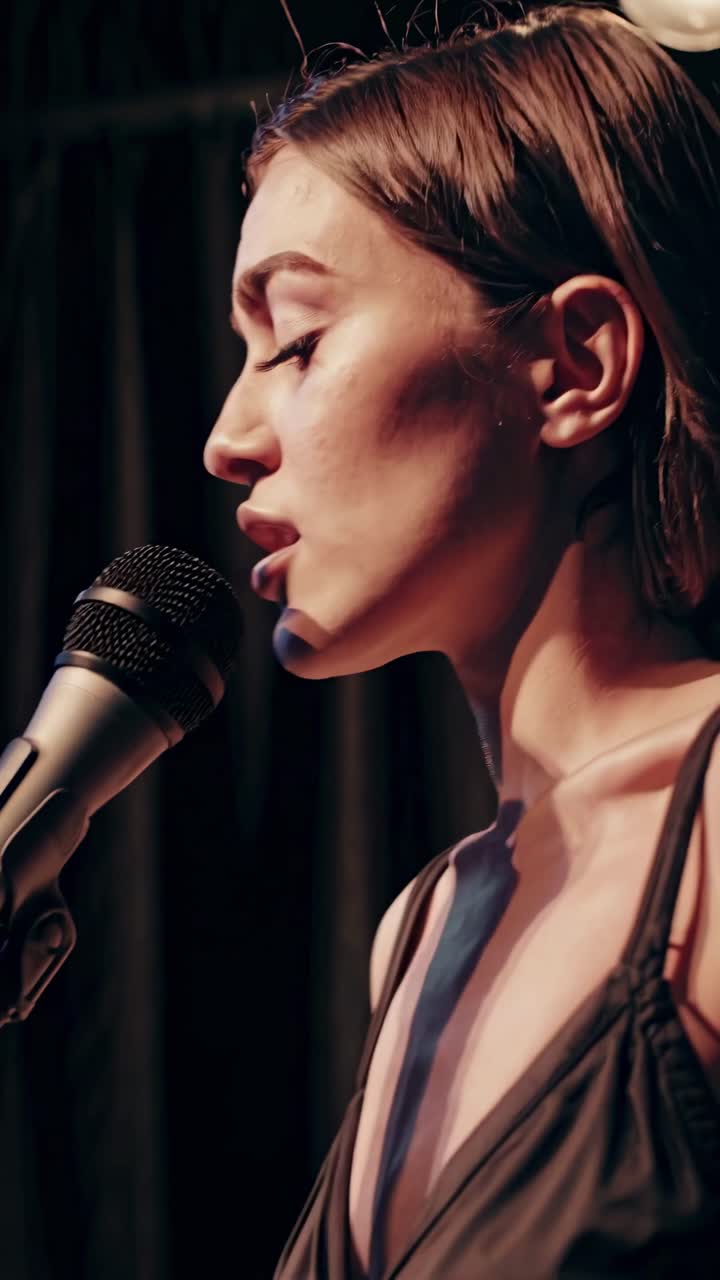 Close-up video shot of a woman singing into a microphone on stage, captured from a side angle