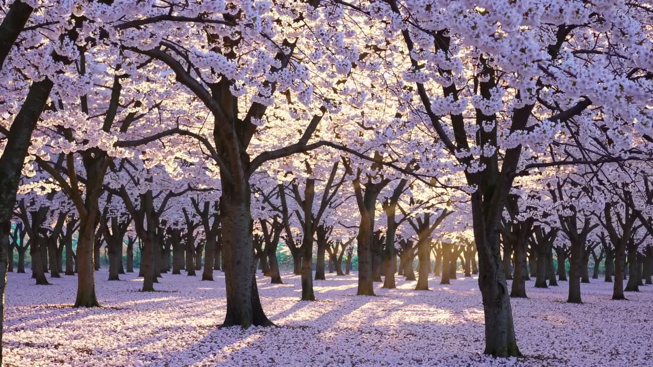 Bellissimi alberi di ciliegio in fiore con luce solare e petali caduti