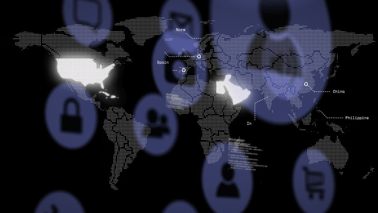 animación de procesamiento de datos e íconos de medios sobre el mapa del mundo sobre fondo negro.