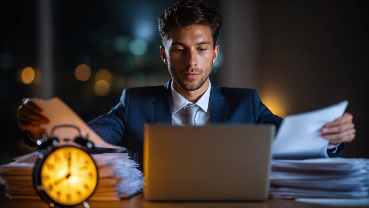 Focused businessman working late at night with papers and a laptop, illuminated by the glow of a clock, demonstrating dedication, productivity, and the pressure of deadlines