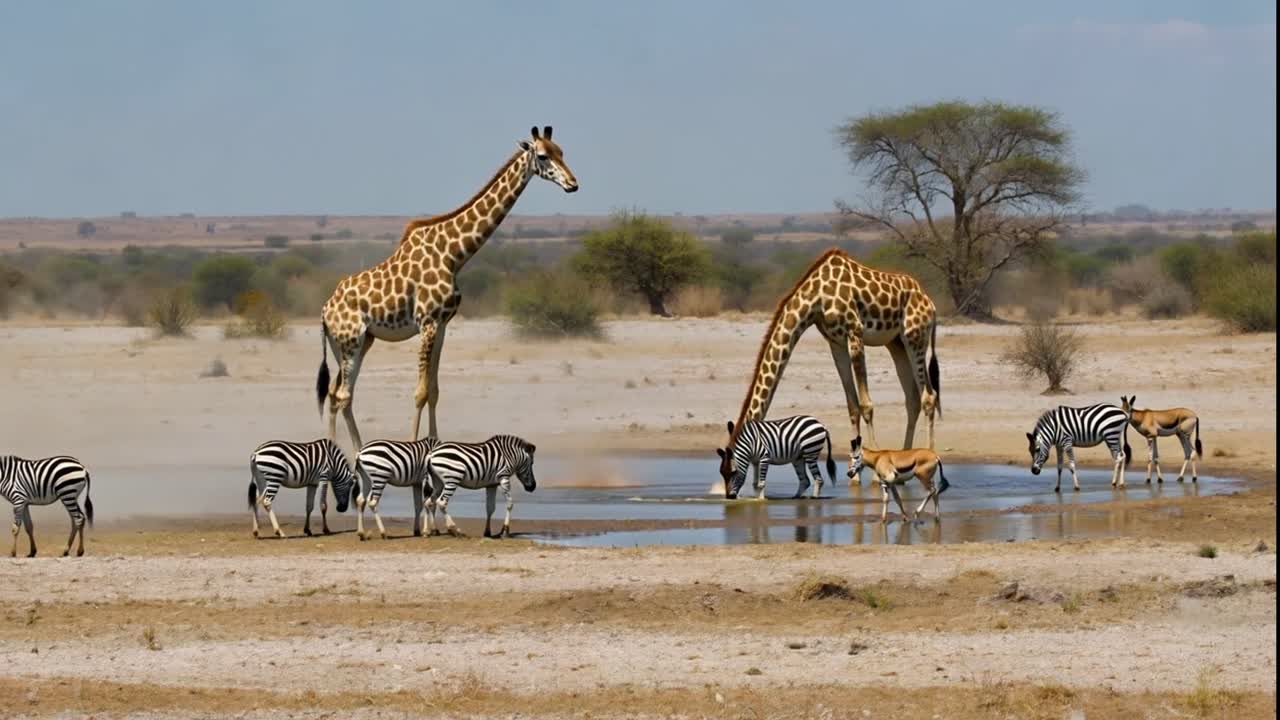 Afrikansk dyreliv samles ved et savannevandhul.