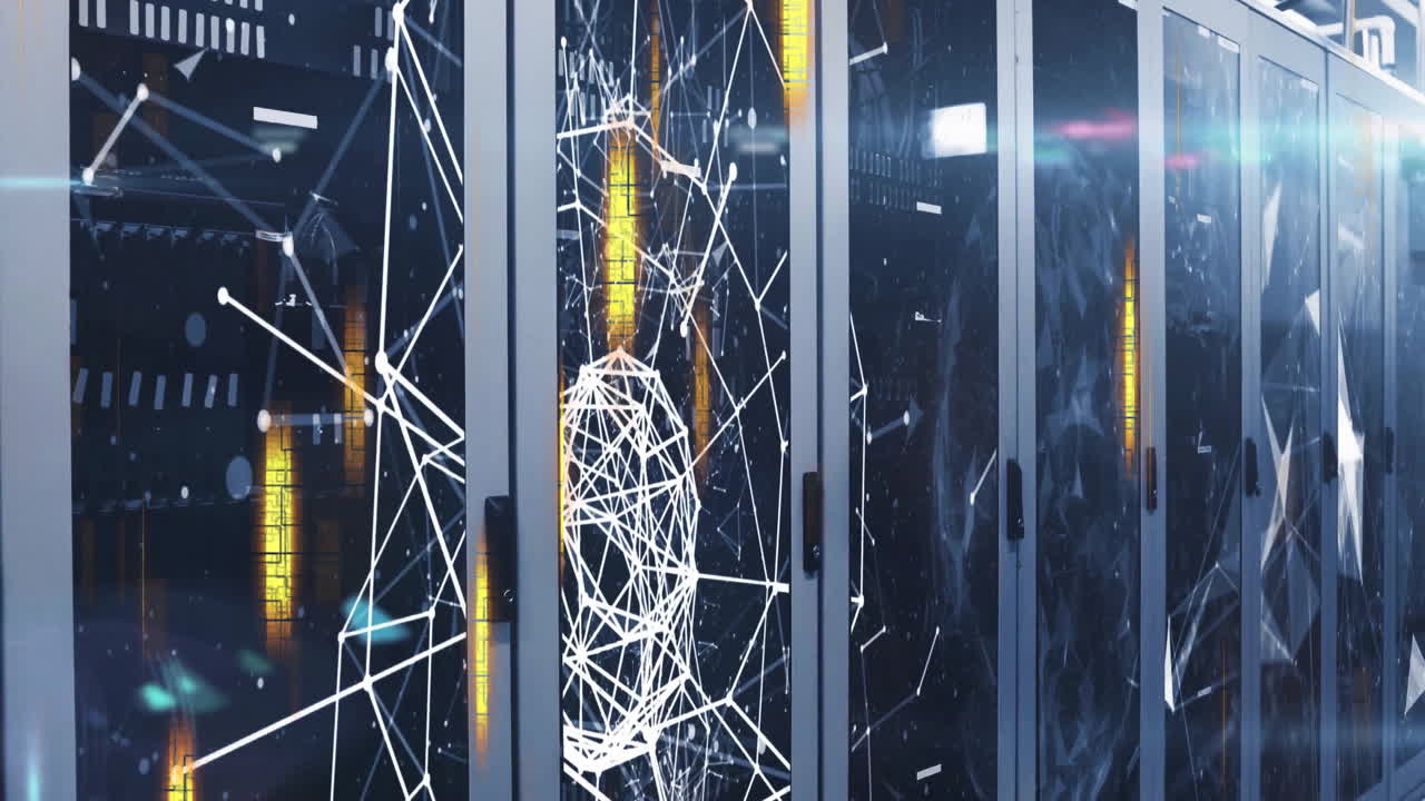 Animation of network of connections with falling shapes over server room