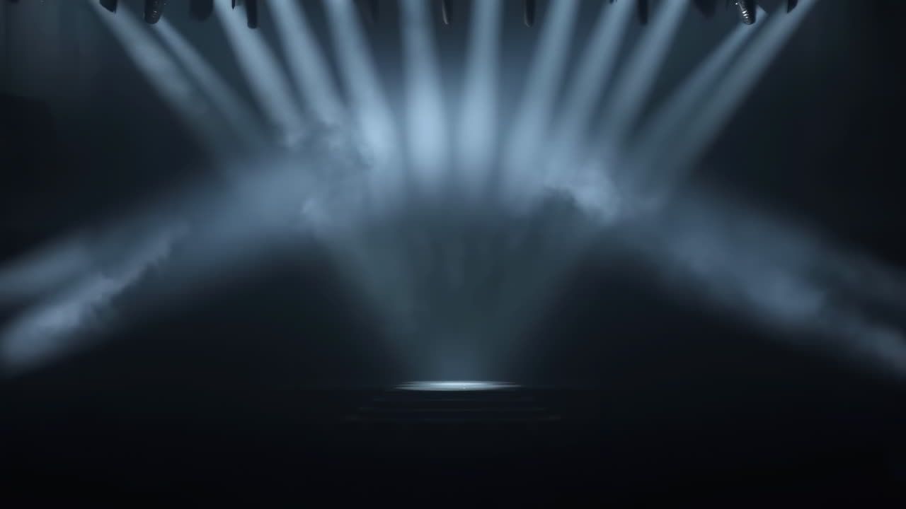 Dark Stage Illuminated By Converging Spotlights And Fog, Theatrical Beams Create Moody Atmosphere And Focused