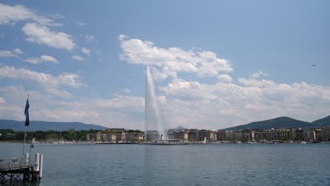 A-fountain-in-the-distance-on-a-river-in-Geneva,-Switzerland