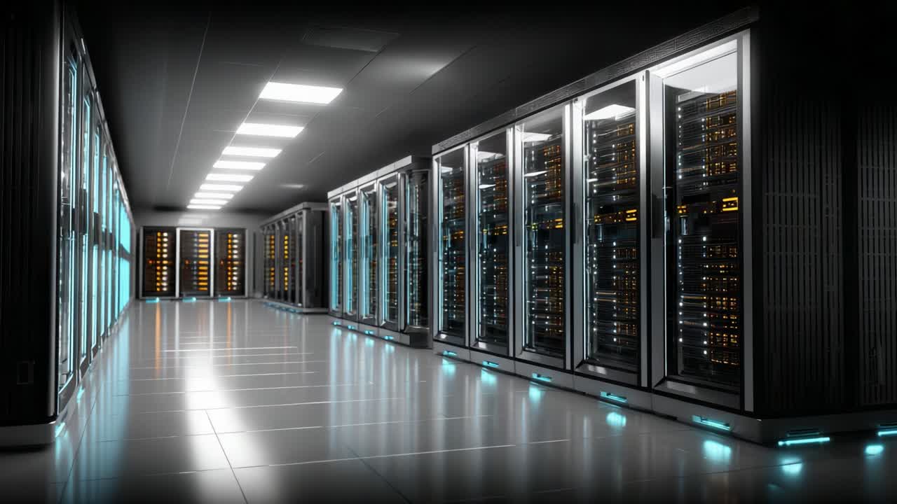 A Sleek and Modern Data Center with Illuminated Server Racks Showcasing Advanced Technology and Bright Ambient Lighting in a Professional Environment